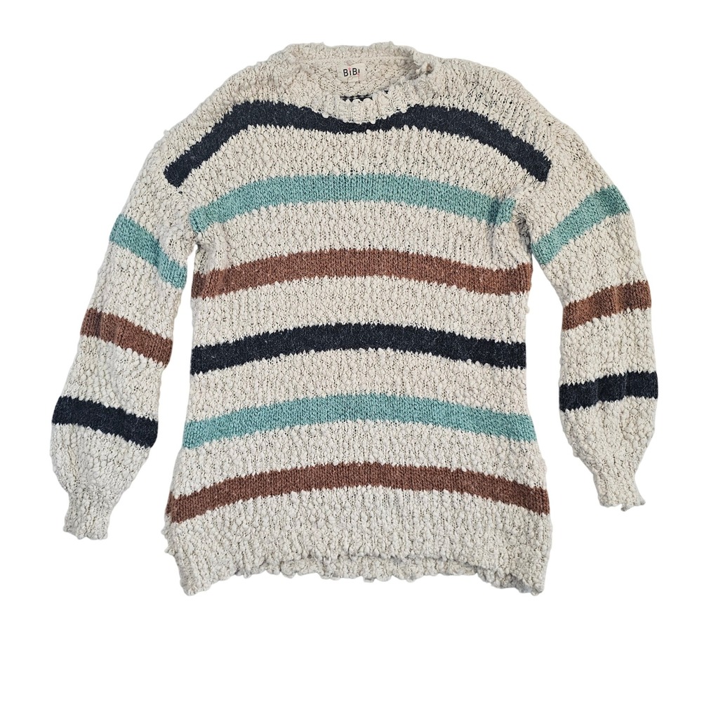 Bibi Womens Medium Popcorn Knit Striped Sweater Cream Teal Brown‎ Navy Pullover